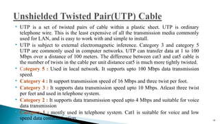  UTP is a set of twisted pairs of cable within a plastic sheet. UTP is ordinary
telephone wire. This is the least expensive of all the transmission media commonly
used for LAN, and is easy to work with and simple to install.
 UTP is subject to external electromagnetic inference. Category 3 and category 5
UTP are commonly used in computer networks. UTP can transfer data at 1 to 100
Mbps over a distance of 100 meters. The difference between cat3 and cat5 cable is
the number of twists in the cable per unit distance cat5 is much more tightly twisted.
 Category 5 : Used in local network. It supports upto 100 Mbps data transmission
speed.
 Category 4 : It support transmission speed of 16 Mbps and three twist per foot.
 Category 3 : It supports data transmission speed upto 10 Mbps. Atleast three twist
per feet and used in telephone system.
 Category 2 : It supports data transmission speed upto 4 Mbps and suitable for voice
data transmission
 Category 1 : mostly used in telephone system. Cat1 is suitable for voice and low
speed data communication. 18
 