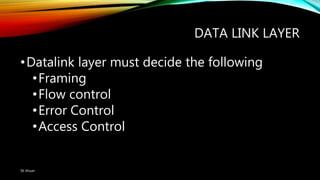 DATA LINK LAYER
•Datalink layer must decide the following
•Framing
•Flow control
•Error Control
•Access Control
SK Ahsan
 