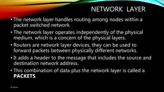 NETWORK LAYER
• The network layer handles routing among nodes within a
packet switched network.
• The network layer operates independently of the physical
medium, which is a concern of the physical layers.
• Routers are network layer devices, they can be used to
forward packets between physically different networks.
• It adds a header to the message that includes the source and
destination network address.
• This combination of data plus the network layer is called a
PACKETS
SK Ahsan
 