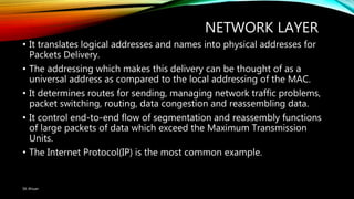 NETWORK LAYER
• It translates logical addresses and names into physical addresses for
Packets Delivery.
• The addressing which makes this delivery can be thought of as a
universal address as compared to the local addressing of the MAC.
• It determines routes for sending, managing network traffic problems,
packet switching, routing, data congestion and reassembling data.
• It control end-to-end flow of segmentation and reassembly functions
of large packets of data which exceed the Maximum Transmission
Units.
• The Internet Protocol(IP) is the most common example.
SK Ahsan
 
