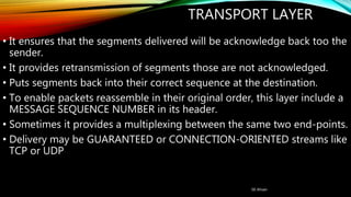 TRANSPORT LAYER
• It ensures that the segments delivered will be acknowledge back too the
sender.
• It provides retransmission of segments those are not acknowledged.
• Puts segments back into their correct sequence at the destination.
• To enable packets reassemble in their original order, this layer include a
MESSAGE SEQUENCE NUMBER in its header.
• Sometimes it provides a multiplexing between the same two end-points.
• Delivery may be GUARANTEED or CONNECTION-ORIENTED streams like
TCP or UDP
SK Ahsan
 