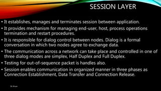 SESSION LAYER
• It establishes, manages and terminates session between application.
• It provides mechanism for managing end-user, host, process operations
termination and restart procedures.
• It is responsible for dialog control between nodes. Dialog is a formal
conversation in which two nodes agree to exchange data.
• The communication across a network can take place and controlled in one of
three dialog modes are simplex, Half Duplex and Full Duplex.
• Testing for out-of-sequence packet is handles also.
• Session enables communication in organized manner in three phases as
Connection Establishment, Data Transfer and Connection Release.
SK Ahsan
 