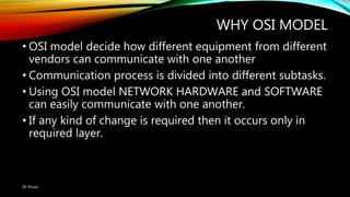 WHY OSI MODEL
• OSI model decide how different equipment from different
vendors can communicate with one another
• Communication process is divided into different subtasks.
• Using OSI model NETWORK HARDWARE and SOFTWARE
can easily communicate with one another.
• If any kind of change is required then it occurs only in
required layer.
SK Ahsan
 