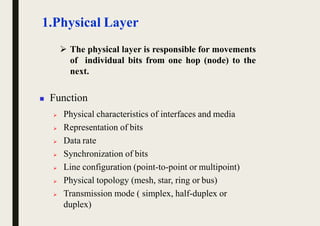 1.Physical Layer
 The physical layer is responsible for movements
of individual bits from one hop (node) to the
next.
 Function
 Physical characteristics of interfaces and media
 Representation of bits
 Data rate
 Synchronization of bits
 Line configuration (point-to-point or multipoint)
 Physical topology (mesh, star, ring or bus)
 Transmission mode ( simplex, half-duplex or
duplex)
 