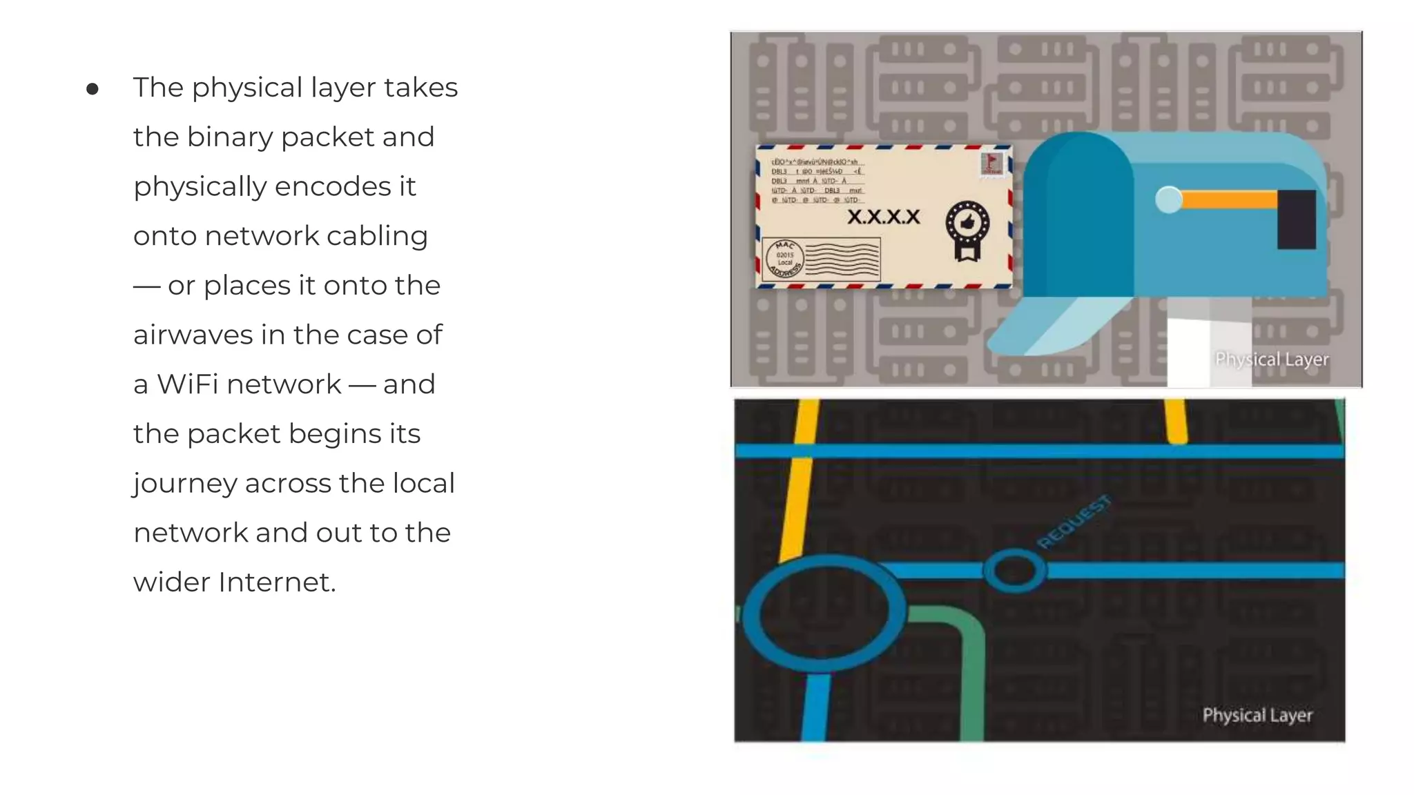● The physical layer takes
the binary packet and
physically encodes it
onto network cabling
— or places it onto the
airwaves in the case of
a WiFi network — and
the packet begins its
journey across the local
network and out to the
wider Internet.
 