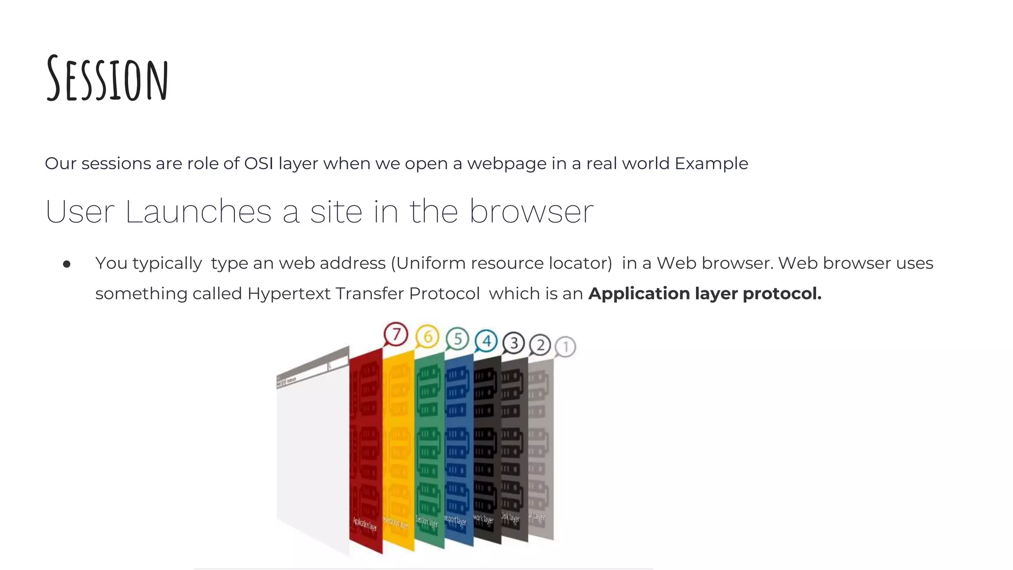 Session
Our sessions are role of OSI layer when we open a webpage in a real world Example
User Launches a site in the browser
● You typically type an web address (Uniform resource locator) in a Web browser. Web browser uses
something called Hypertext Transfer Protocol which is an Application layer protocol.
 