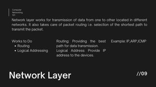 Network Layer
Computer
Networking
101
//09
Network layer works for transmission of data from one to other located in different
networks. It also takes care of packet routing i.e. selection of the shortest path to
transmit the packet.
Routing
Logical Addressing
Works to Do Routing: Providing the best
path for data transmission.
Logical Address: Provide IP
address to the devices.
Example: IP,ARP,ICMP
 