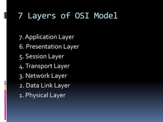 7 Layers of OSI Model
7. Application Layer
6. Presentation Layer
5. Session Layer
4.Transport Layer
3. Network Layer
2. Data Link Layer
1. Physical Layer
 