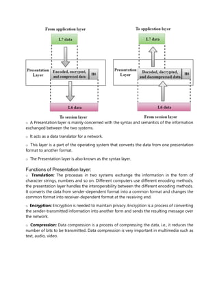 o A Presentation layer is mainly concerned with the syntax and semantics of the information
exchanged between the two systems.
o It acts as a data translator for a network.
o This layer is a part of the operating system that converts the data from one presentation
format to another format.
o The Presentation layer is also known as the syntax layer.
Functions of Presentation layer:
o Translation: The processes in two systems exchange the information in the form of
character strings, numbers and so on. Different computers use different encoding methods,
the presentation layer handles the interoperability between the different encoding methods.
It converts the data from sender-dependent format into a common format and changes the
common format into receiver-dependent format at the receiving end.
o Encryption: Encryption is needed to maintain privacy. Encryption is a process of converting
the sender-transmitted information into another form and sends the resulting message over
the network.
o Compression: Data compression is a process of compressing the data, i.e., it reduces the
number of bits to be transmitted. Data compression is very important in multimedia such as
text, audio, video.
 