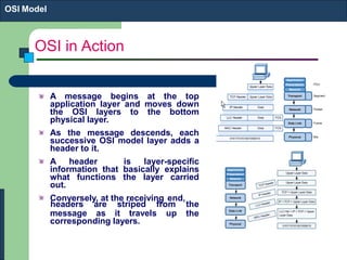 OSI in Action
A message begins at the top
application layer and moves down
the OSI layers to the bottom
physical layer.
As the message descends, each
successive OSI model layer adds a
header to it.
A header is layer-specific
information that basically explains
what functions the layer carried
out.
Conversely, at the receiving end,
headers are striped from the
the
message as it travels up
corresponding layers.
OSI Model
 