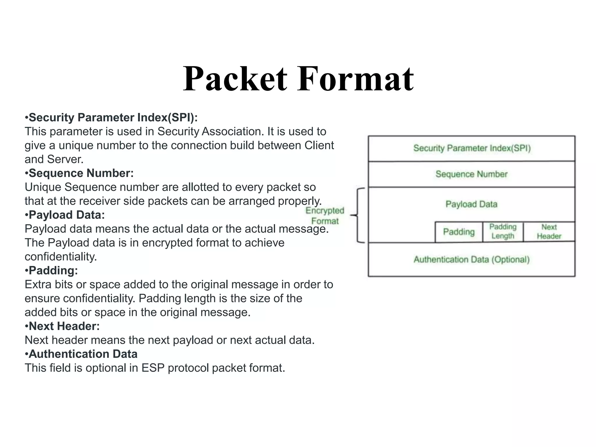 Packet Format
•Security Parameter Index(SPI):
This parameter is used in Security Association. It is used to
give a unique number to the connection build between Client
and Server.
•Sequence Number:
Unique Sequence number are allotted to every packet so
that at the receiver side packets can be arranged properly.
•Payload Data:
Payload data means the actual data or the actual message.
The Payload data is in encrypted format to achieve
confidentiality.
•Padding:
Extra bits or space added to the original message in order to
ensure confidentiality. Padding length is the size of the
added bits or space in the original message.
•Next Header:
Next header means the next payload or next actual data.
•Authentication Data
This field is optional in ESP protocol packet format.
 