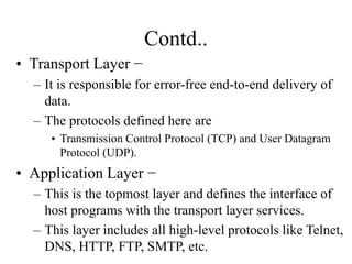 Contd..
• Transport Layer −
– It is responsible for error-free end-to-end delivery of
data.
– The protocols defined here are
• Transmission Control Protocol (TCP) and User Datagram
Protocol (UDP).
• Application Layer −
– This is the topmost layer and defines the interface of
host programs with the transport layer services.
– This layer includes all high-level protocols like Telnet,
DNS, HTTP, FTP, SMTP, etc.
 
