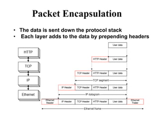 Packet Encapsulation
• The data is sent down the protocol stack
• Each layer adds to the data by prepending headers
 