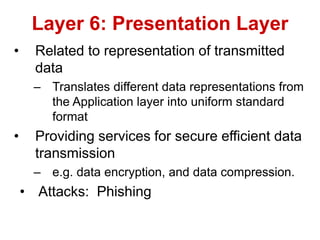 • Related to representation of transmitted
data
– Translates different data representations from
the Application layer into uniform standard
format
• Providing services for secure efficient data
transmission
– e.g. data encryption, and data compression.
• Attacks: Phishing
Layer 6: Presentation Layer
 
