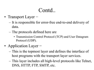 Contd..
• 4 layers
– Layer 1 : Link
– Layer 2 : Network
– Layer 3 : Transport
– Layer 4 : Application
 