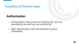 Authorization
9
• Authorization is the process of verifying that "you are
permitted to do what you are trying to do“
• After authentication user will authorize to access
information.
Functions of Session layer
 