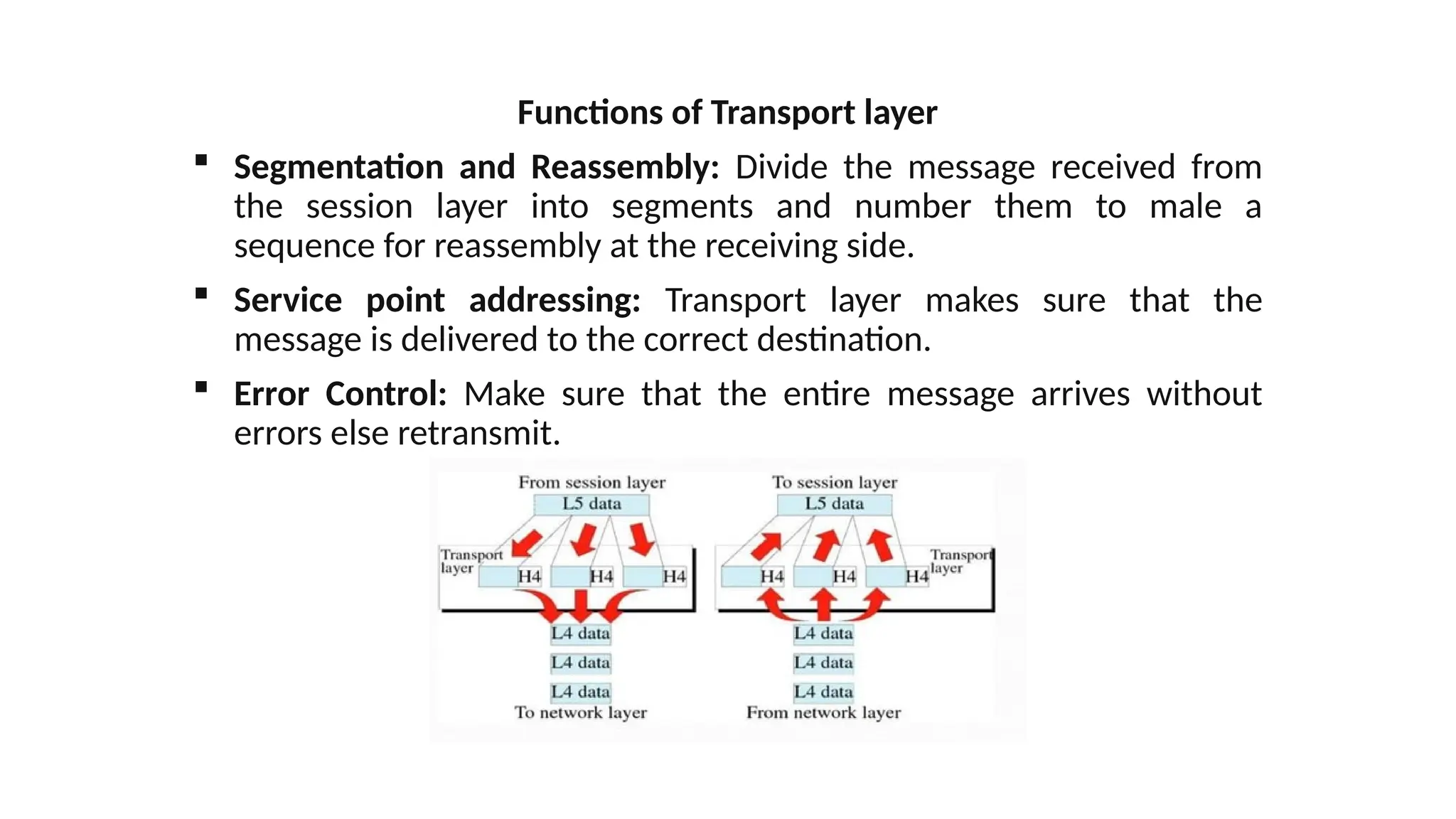 Functions of Transport layer
 Segmentation and Reassembly: Divide the message received from
the session layer into segments and number them to male a
sequence for reassembly at the receiving side.
 Service point addressing: Transport layer makes sure that the
message is delivered to the correct destination.
 Error Control: Make sure that the entire message arrives without
errors else retransmit.
 