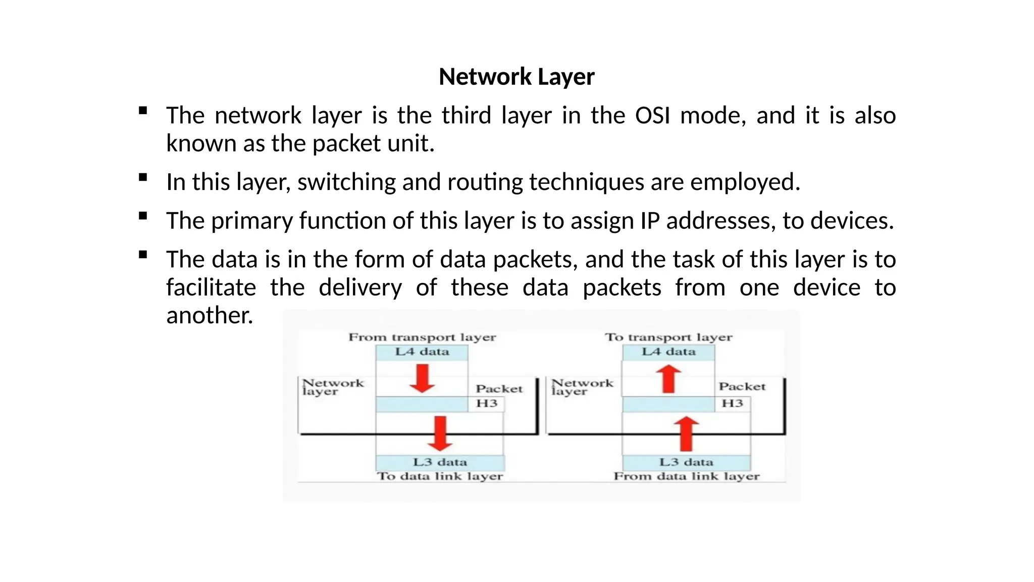 Network Layer
 The network layer is the third layer in the OSI mode, and it is also
known as the packet unit.
 In this layer, switching and routing techniques are employed.
 The primary function of this layer is to assign IP addresses, to devices.
 The data is in the form of data packets, and the task of this layer is to
facilitate the delivery of these data packets from one device to
another.
 