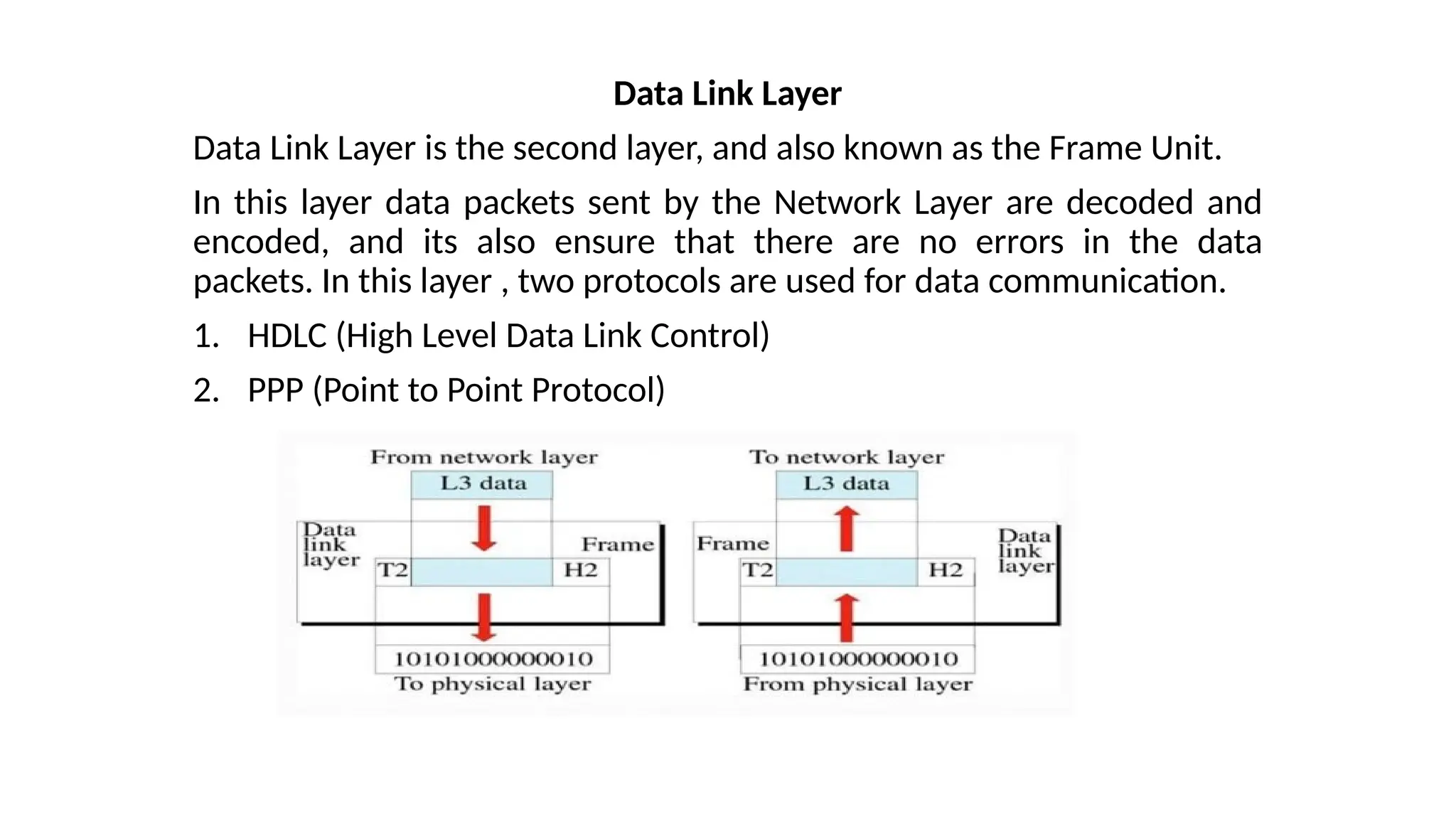 Data Link Layer
Data Link Layer is the second layer, and also known as the Frame Unit.
In this layer data packets sent by the Network Layer are decoded and
encoded, and its also ensure that there are no errors in the data
packets. In this layer , two protocols are used for data communication.
1. HDLC (High Level Data Link Control)
2. PPP (Point to Point Protocol)
 
