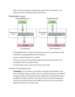 data, then the transmission will take place again from the checkpoint. This
process is known as Synchronization and recovery.
Presentation Layer
o A Presentation layer is mainly concerned with the syntax and semantics of the
information exchanged between the two systems.
o It acts as a data translator for a network.
o This layer is a part of the operating system that converts the data from one
presentation format to another format.
o The Presentation layer is also known as the syntax layer.
Functions of Presentation layer:
o Translation: The processes in two systems exchange the information in the
form of character strings, numbers and so on. Different computers use different
encoding methods, the presentation layer handles the interoperability between
the different encoding methods. It converts the data from sender-dependent
format into a common format and changes the common format into receiver-
dependent format at the receiving end.
 