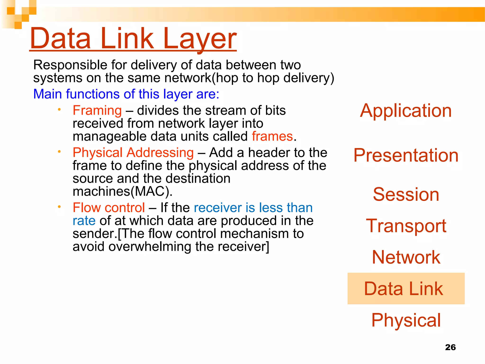 26
Data Link Layer
Responsible for delivery of data between two
systems on the same network(hop to hop delivery)
Main functions of this layer are:
• Framing – divides the stream of bits
received from network layer into
manageable data units called frames.
• Physical Addressing – Add a header to the
frame to define the physical address of the
source and the destination
machines(MAC).
• Flow control – If the receiver is less than
rate of at which data are produced in the
sender.[The flow control mechanism to
avoid overwhelming the receiver]
Application
Presentation
Session
Transport
Network
Data Link
Physical
 