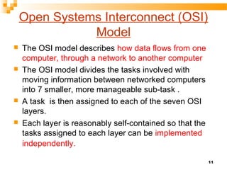 11
Open Systems Interconnect (OSI)
Model
 The OSI model describes how data flows from one
computer, through a network to another computer
 The OSI model divides the tasks involved with
moving information between networked computers
into 7 smaller, more manageable sub-task .
 A task is then assigned to each of the seven OSI
layers.
 Each layer is reasonably self-contained so that the
tasks assigned to each layer can be implemented
independently.
 
