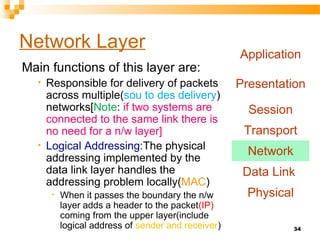 34
Network Layer
Main functions of this layer are:
• Responsible for delivery of packets
across multiple(sou to des delivery)
networks[Note: if two systems are
connected to the same link there is
no need for a n/w layer]
• Logical Addressing:The physical
addressing implemented by the
data link layer handles the
addressing problem locally(MAC)
• When it passes the boundary the n/w
layer adds a header to the packet(IP)
coming from the upper layer(include
logical address of sender and receiver)
Application
Presentation
Session
Transport
Network
Data Link
Physical
 