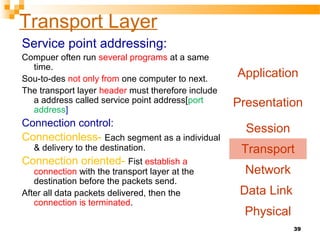 39
Transport Layer
Service point addressing:
Compuer often run several programs at a same
time.
Sou-to-des not only from one computer to next.
The transport layer header must therefore include
a address called service point address[port
address]
Connection control:
Connectionless- Each segment as a individual
& delivery to the destination.
Connection oriented- Fist establish a
connection with the transport layer at the
destination before the packets send.
After all data packets delivered, then the
connection is terminated.
Application
Presentation
Session
Transport
Network
Data Link
Physical
 