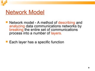 9
Network Model
 Network model - A method of describing and
analyzing data communications networks by
breaking the entire set of communications
process into a number of layers.
 Each layer has a specific function
 