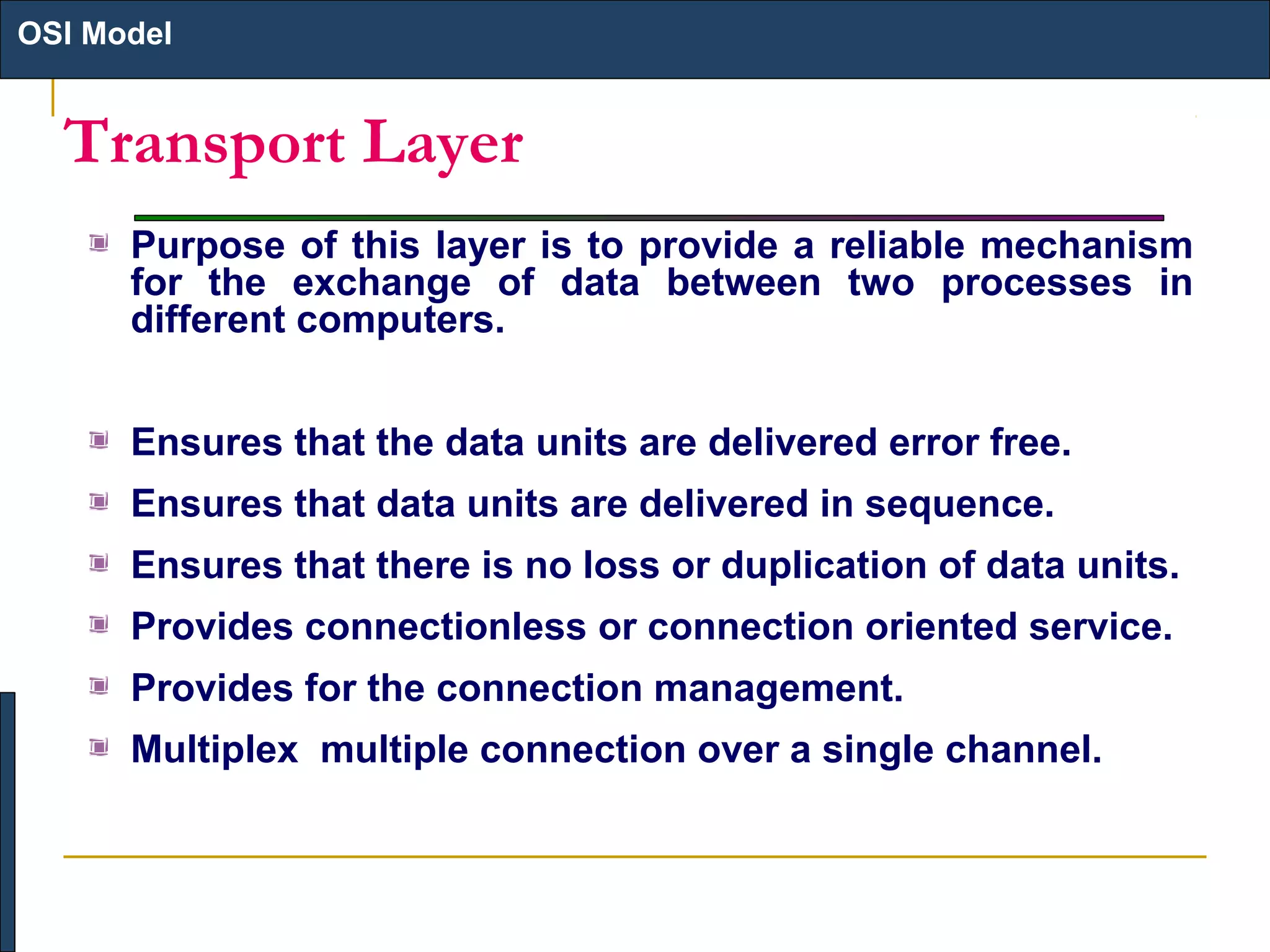 OSI Model

Transport Layer
Purpose of this layer is to provide a reliable mechanism
for the exchange of data between two processes in
different computers.
Ensures that the data units are delivered error free.
Ensures that data units are delivered in sequence.
Ensures that there is no loss or duplication of data units.
Provides connectionless or connection oriented service.
Provides for the connection management.
Multiplex multiple connection over a single channel.

 