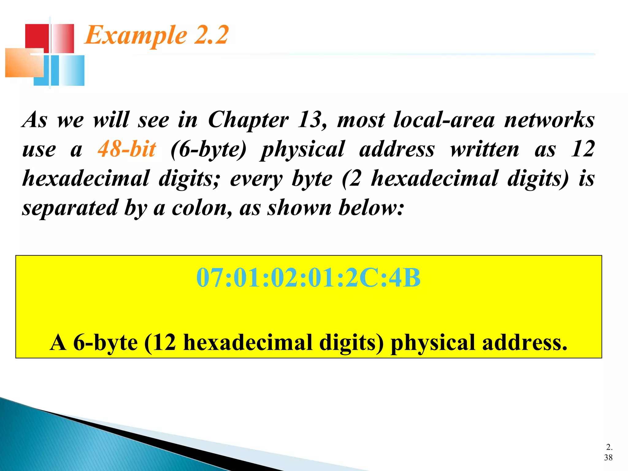2.
38
As we will see in Chapter 13, most local-area networks
use a 48-bit (6-byte) physical address written as 12
hexadecimal digits; every byte (2 hexadecimal digits) is
separated by a colon, as shown below:
Example 2.2
07:01:02:01:2C:4B
A 6-byte (12 hexadecimal digits) physical address.
 