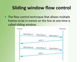 Sliding window flow control
• The flow control technique that allows multiple
frames to be in transit on the line at one time is
called sliding window .

 