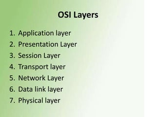 OSI Layers
1.
2.
3.
4.
5.
6.
7.

Application layer
Presentation Layer
Session Layer
Transport layer
Network Layer
Data link layer
Physical layer

 
