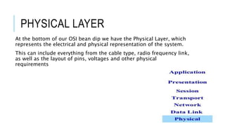 PHYSICAL LAYER
At the bottom of our OSI bean dip we have the Physical Layer, which
represents the electrical and physical representation of the system.
This can include everything from the cable type, radio frequency link,
as well as the layout of pins, voltages and other physical
requirements
 