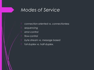 Modes of Service
 connection-oriented vs. connectionless
 sequencing
 error-control
 flow-control
 byte stream vs. message based
 full-duplex vs. half-duplex.
 