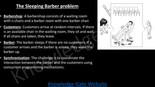 Knowledge Gate Website
The Sleeping Barber problem
• Barbershop: A barbershop consists of a waiting room
with n chairs and a barber room with one barber chair.
• Customers: Customers arrive at random intervals. If there
is an available chair in the waiting room, they sit and wait.
If all chairs are taken, they leave.
• Barber: The barber sleeps if there are no customers. If a
customer arrives and the barber is asleep, they wake the
barber up.
• Synchronization: The challenge is to coordinate the
interaction between the barber and the customers using
concurrent programming mechanisms.
 