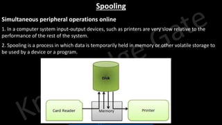 Knowledge Gate Website
Spooling
Simultaneous peripheral operations online
1. In a computer system input-output devices, such as printers are very slow relative to the
performance of the rest of the system.
2. Spooling is a process in which data is temporarily held in memory or other volatile storage to
be used by a device or a program.
 
