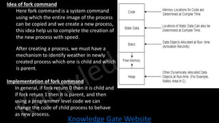 Knowledge Gate Website
• Idea of fork command
• Here fork command is a system command
using which the entire image of the process
can be copied and we create a new process,
this idea help us to complete the creation of
the new process with speed.
• After creating a process, we must have a
mechanism to identify weather in newly
created process which one is child and which
is parent.
• Implementation of fork command
• In general, if fork return 0 then it is child and
if fork return 1 then it is parent, and then
using a programmer level code we can
change the code of child process to behave
as new process.
 