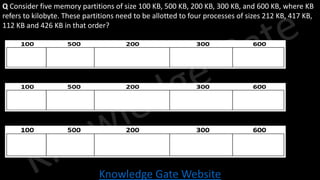 Knowledge Gate Website
Q Consider five memory partitions of size 100 KB, 500 KB, 200 KB, 300 KB, and 600 KB, where KB
refers to kilobyte. These partitions need to be allotted to four processes of sizes 212 KB, 417 KB,
112 KB and 426 KB in that order?
 