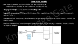 Knowledge Gate Website
Translation process
1. CPU generate a logical address is divided into two parts - p and d
1. where p stands for page no and d stands for instruction offset.
2. The page number(p) is used as an index into a Page table
3. Page table base register(PTBR) provides the base of the page table and then the corresponding page no is
accessed using p.
4. Here we will finds the corresponding frame no (the base address of that frame in main memory in which the
page is stored)
5. Combine corresponding frame no with the instruction offset and get the physical address. Which is used to
access main memory.
 