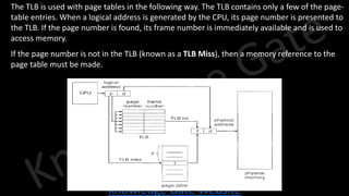 Knowledge Gate Website
• The TLB is used with page tables in the following way. The TLB contains only a few of the page-
table entries. When a logical address is generated by the CPU, its page number is presented to
the TLB. If the page number is found, its frame number is immediately available and is used to
access memory.
• If the page number is not in the TLB (known as a TLB Miss), then a memory reference to the
page table must be made.
 