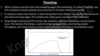 Knowledge Gate Website
Thrashing
1. When a process spends more time swapping pages than executing, it's called Thrashing. Low
CPU utilization prompts adding more processes to increase multiprogramming.
2. If a process needs more frames, it starts taking them from others, causing those processes to
also fault and swap pages. This empties the ready queue and lowers CPU utilization.
3. Responding to decreased CPU activity, the scheduler adds more processes, worsening the
issue. This leads to Thrashing: a cycle of increasing page faults, plummeting system
throughput, and rising memory-access times, ultimately resulting in no productive work.
 