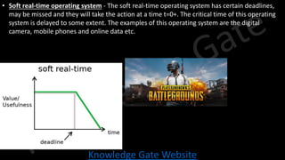 Knowledge Gate Website
• Soft real-time operating system - The soft real-time operating system has certain deadlines,
may be missed and they will take the action at a time t=0+. The critical time of this operating
system is delayed to some extent. The examples of this operating system are the digital
camera, mobile phones and online data etc.
 
