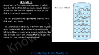 Knowledge Gate Website
Linked List
• A approach to free-space management is to link
together all the free disk blocks, keeping a pointer
to the first free block in a special location on the
disk and caching it in memory.
• This first block contains a pointer to the next free
disk block, and so on.
• This scheme is not efficient; to traverse the list, we
must read each block, which requires substantial
I/O time. However, operating system simply needs a
free block so that it can allocate that block to a file,
so the first block in the free list is used.
 