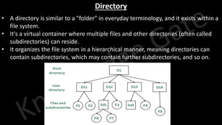 Knowledge Gate Website
Directory
• A directory is similar to a "folder" in everyday terminology, and it exists within a
file system.
• It's a virtual container where multiple files and other directories (often called
subdirectories) can reside.
• It organizes the file system in a hierarchical manner, meaning directories can
contain subdirectories, which may contain further subdirectories, and so on.
 