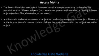 Knowledge Gate Website
Access Matrix
• The Access Matrix is a conceptual framework used in computer security to describe the
permissions that different subjects (such as users or processes) have when accessing different
objects (such as files, directories, or resources).
• In this matrix, each row represents a subject and each column represents an object. The entry
at the intersection of a row and column defines the type of access that the subject has to the
object.
 