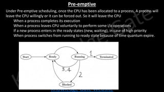 Knowledge Gate Website
Pre-emptive
• Under Pre-emptive scheduling, once the CPU has been allocated to a process, A process will
leave the CPU willingly or it can be forced out. So it will leave the CPU
1. When a process completes its execution
2. When a process leaves CPU voluntarily to perform some i/o operations
3. If a new process enters in the ready states (new, waiting), in case of high priority
4. When process switches from running to ready state because of time quantum expire.
 
