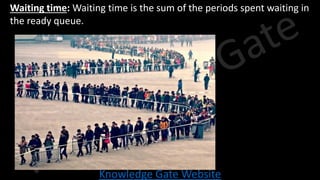 Knowledge Gate Website
• Waiting time: Waiting time is the sum of the periods spent waiting in
the ready queue.
 