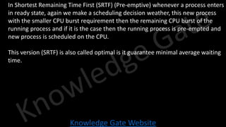 Knowledge Gate Website
• In Shortest Remaining Time First (SRTF) (Pre-emptive) whenever a process enters
in ready state, again we make a scheduling decision weather, this new process
with the smaller CPU burst requirement then the remaining CPU burst of the
running process and if it is the case then the running process is pre-empted and
new process is scheduled on the CPU.
• This version (SRTF) is also called optimal is it guarantee minimal average waiting
time.
 