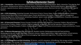 Knowledge Gate Website
Syllabus(Semester Exam)
Unit – I Introduction : Operating system and functions, Classification of Operating systems- Batch, Interactive, Time sharing, Real
Time System, Multiprocessor Systems, Multiuser Systems, Multiprocess Systems, Multithreaded Systems, Operating System
Structure- Layered structure, System Components, Operating System services, Reentrant Kernels, Monolithic and Microkernel
Systems.
Unit – II CPU Scheduling: Scheduling Concepts, Performance Criteria, Process States, Process Transition Diagram, Schedulers,
Process Control Block (PCB), Process address space, Process identification information, Threads and their management,
Scheduling Algorithms, Multiprocessor Scheduling. Deadlock: System model, Deadlock characterization, Prevention, Avoidance
and detection, Recovery from deadlock.
Unit – III Concurrent Processes: Process Concept, Principle of Concurrency, Producer / Consumer Problem, Mutual Exclusion,
Critical Section Problem, Dekker’s solution, Peterson’s solution, Semaphores, Test and Set operation; Classical Problem in
Concurrency- Dining Philosopher Problem, Sleeping Barber Problem; Inter Process Communication models and Schemes, Process
generation.
Unit – IV Memory Management: Basic bare machine, Resident monitor, Multiprogramming with fixed partitions,
Multiprogramming with variable partitions, Protection schemes, Paging, Segmentation, Paged segmentation, Virtual memory
concepts, Demand paging, Performance of demand paging, Page replacement algorithms, Thrashing, Cache memory
organization, Locality of reference.
Unit – V I/O Management and Disk Scheduling: I/O devices, and I/O subsystems, I/O buffering, Disk storage and disk scheduling,
RAID. File System: File concept, File organization and access mechanism, File directories, and File sharing, File system
implementation issues, File system protection and security.
 